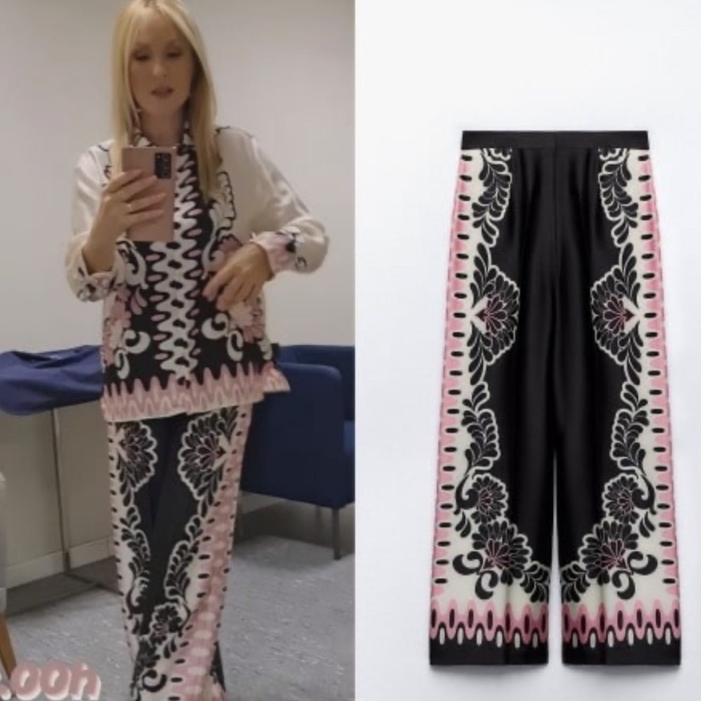 Zara NWT print straight cut pants satin effect pink black
